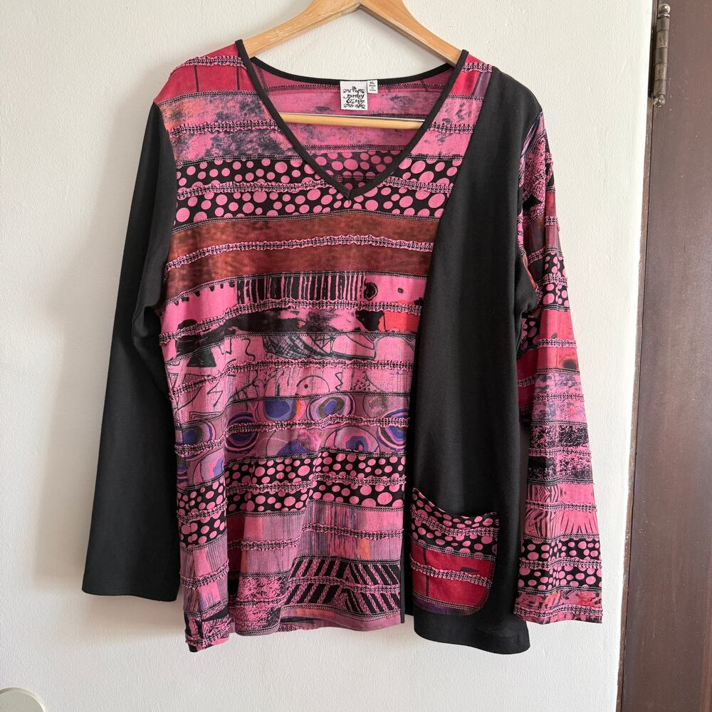 Parsley & Sage Pink Art to wear Stitched Stripe Boho Top with Pocket Extra large